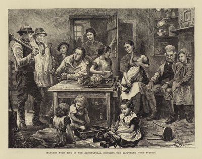 Schizzi dalla Vita nei Distretti Agricoli, la Casa del Lavoratore, Sera (incisione) da English School