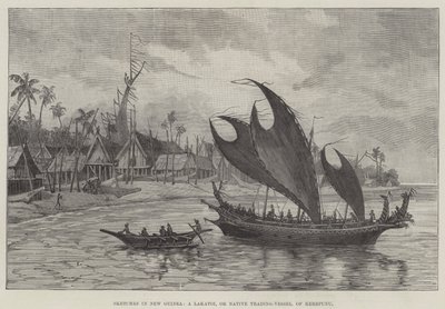 Schizzi in Nuova Guinea, un Lakatoi, o Nave Mercantile Nativa, di Kerepunu (incisione) da English School