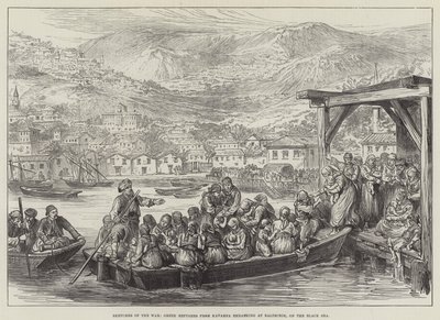 Schizzi della guerra, rifugiati greci da Kavarna che si imbarcano a Baltschik, sul Mar Nero da English School