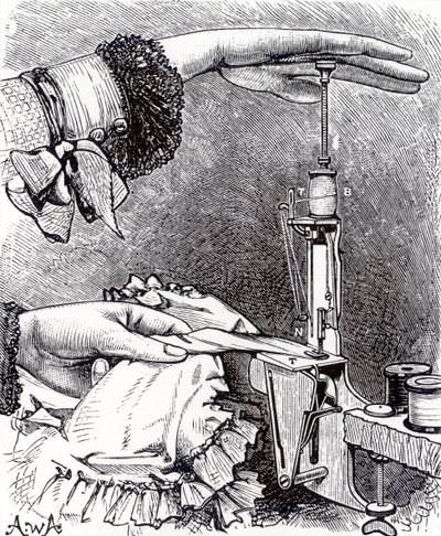 Piccola macchina da cucire a punto annodato, lunga otto pollici, peso 8 once, da Cassells Family Magazine, pubblicato 1886 da English School