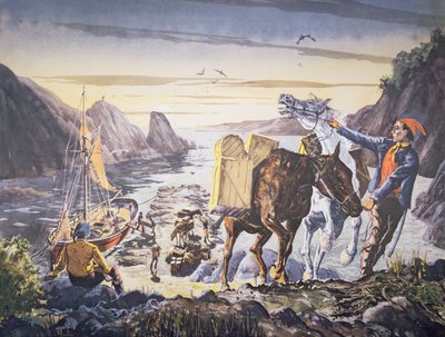 Contrabbandieri che caricano merce di contrabbando sui loro pony per il viaggio nell