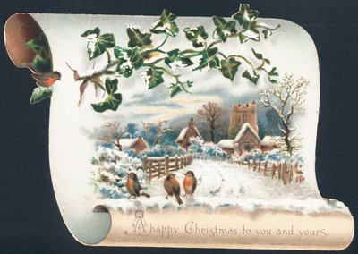 Scena di neve con pettirossi e chiesa, cartolina di Natale da English School