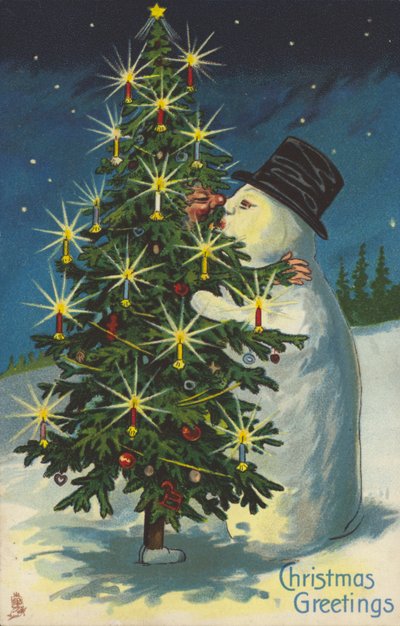 Pupazzo di neve e albero di Natale che si baciano da English School