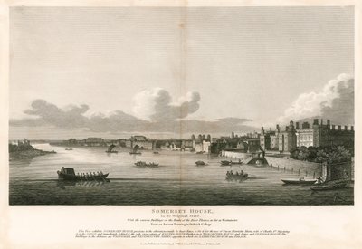 Somerset House, Londra, nel suo stato originale con i vari edifici sulle rive del fiume Tamigi fino a Westminster da English School