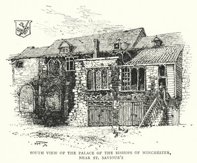 Veduta sud del palazzo dei vescovi di Winchester, vicino a St Saviour