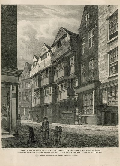 Vista sud-ovest di una struttura antica in Ship Yard Temple Bar, supposta residenza di Elias Ashmole, il celebre antiquario da English School