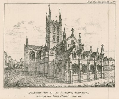 Vista sud-est della Chiesa di San Salvatore, Southwark, mostrando la Cappella della Madonna restaurata da English School