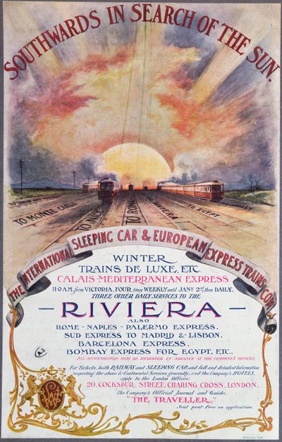 Verso il Sud, manifesto pubblicitario della Compagnia Internazionale dei Treni Letto per la Riviera Francese, c.1910 da English School
