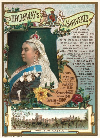 Souvenir del Giubileo di Diamante della Regina Vittoria nel 1897 che mostra gli eventi chiave durante il suo regno (cromolitografia) da English School
