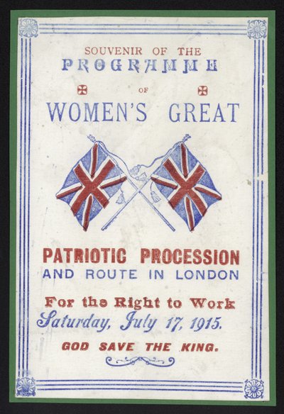 Programma souvenir della processione delle donne per il diritto al lavoro, Londra, 17 luglio 1915 da English School