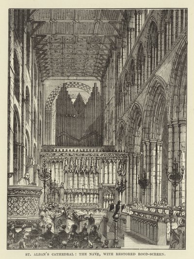 Cattedrale di St Albans, la navata, con schermo del crocifisso restaurato da English School