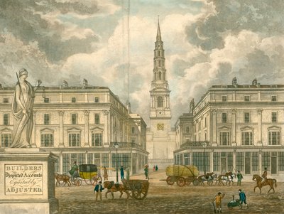 Chiesa di St Brides, Fleet Street, Londra; da una pubblicità per Z Skyring, surveyer, Primrose Street, Bishopsgate da English School