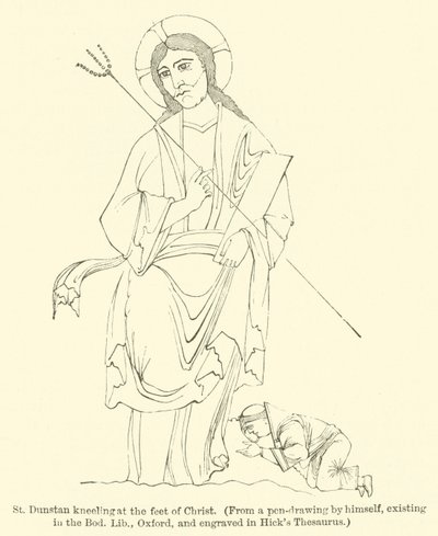 San Dunstan inginocchiato ai piedi di Cristo, da un disegno a penna di se stesso, esistente nella Bod Lib, Oxford, e inciso nel Thesaurus di Hick da English School