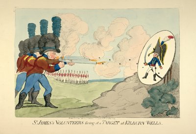 Volontari di San Giacomo che sparano a un bersaglio a Kilburn Wells, pub. 1803 da English School