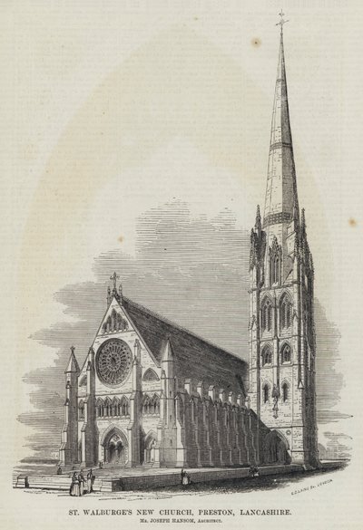 La nuova chiesa di St Walburge, Preston, Lancashire (incisione) da English School