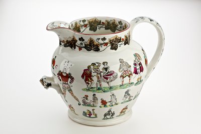 Brocca Staffordshire decorata con figure di Arlecchino e tema carnevalesco, 1866 da English School