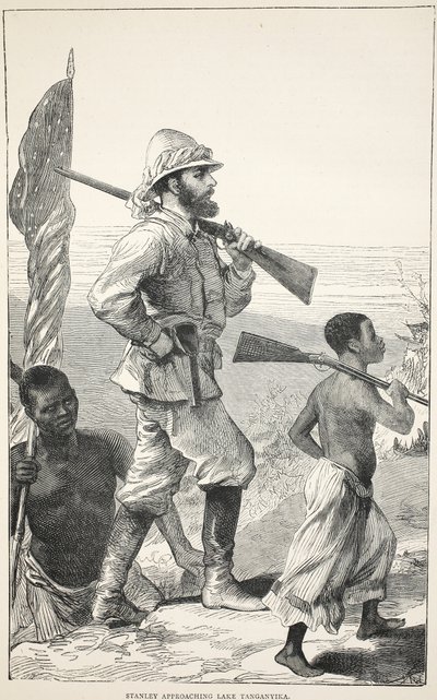 Stanley che si avvicina al Lago Tanganica, illustrazione da L