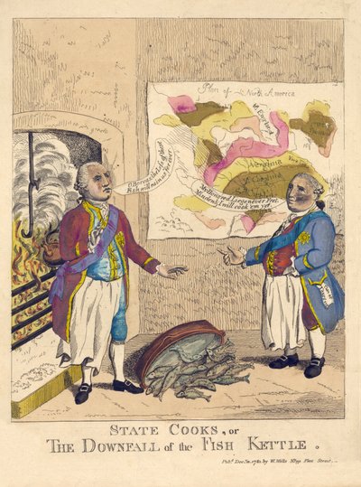 Cuochi di Stato, o La caduta del bollitore di pesce, pub. 1781 (incisione colorata a mano) da English School