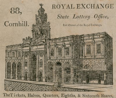 Ufficio della Lotteria di Stato, angolo est della Royal Exchange, 88 Cornhill, Londra da English School