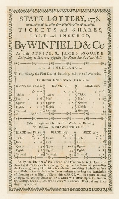 Lotteria di Stato, 1778 da English School