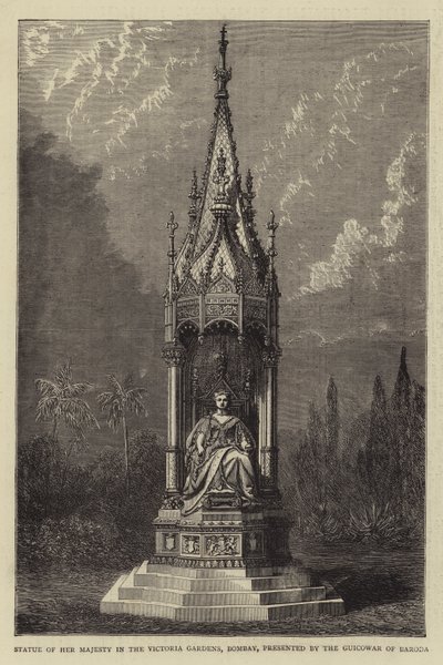 Statua di Sua Maestà nei Giardini Victoria, Bombay, donata dal Guicowar di Baroda (incisione) da English School