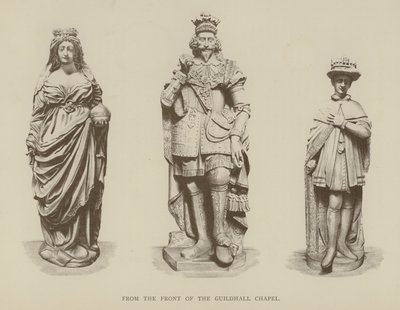 Statue della regina Elisabetta I, re Carlo I e re Edoardo VI dalla facciata della Guildhall Chapel, Città di Londra da English School