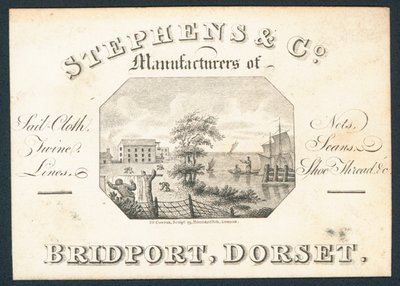 Stephens & Co, produttori di tela per vele, reti, spago, fili e filo per scarpe, biglietto commerciale da English School