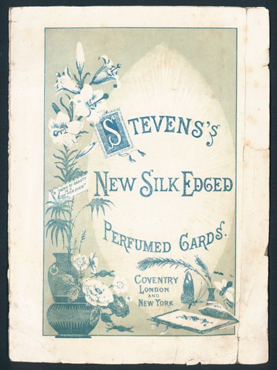 Pubblicità vittoriana delle carte profumate con bordo di seta di Stevens, Coventry, Londra e New York. Didascalia: Una cosa di bellezza è una gioia per sempre. da English School
