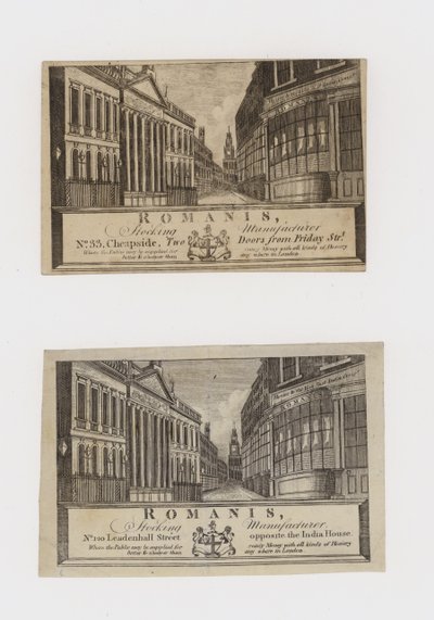 Fabbricanti di calze, Romanis, a Cheapside e poi a Leadenhall Street, biglietto da visita da English School