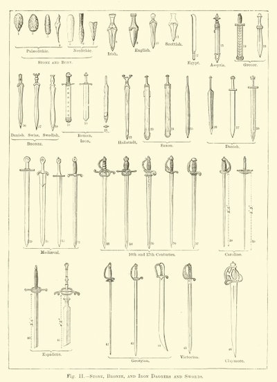 Pugnali e spade in pietra, bronzo e ferro (incisione) da English School