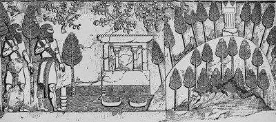 Bassorilievo in pietra di un tempio e collina artificiale nel parco di Sargon II a Khorsabad, c.715 a.C. da English School