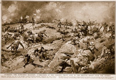 Assalto al Ridotto Schwaben: resa della linea del fronte tedesco mentre i britannici avanzavano sulla sommità, 1914-19 da English School