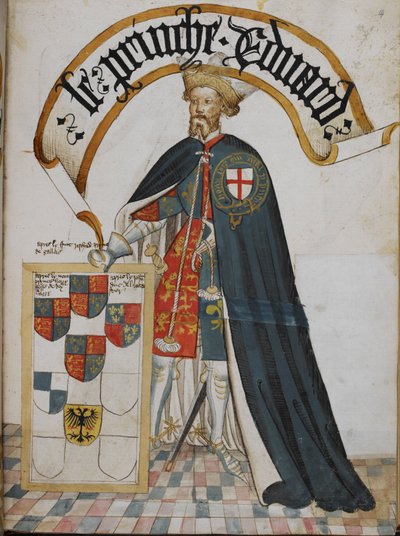 Stowe 594, f.14 Ritratto di Edoardo, Principe di Galles [il Principe Nero], un Cavaliere Fondatore dell
