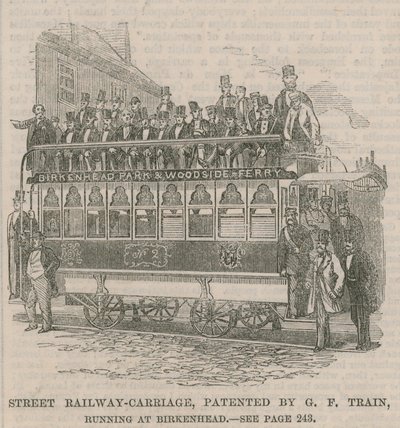 Carrozza ferroviaria stradale, brevettata da G.F. Train, in funzione a Birkenhead da English School