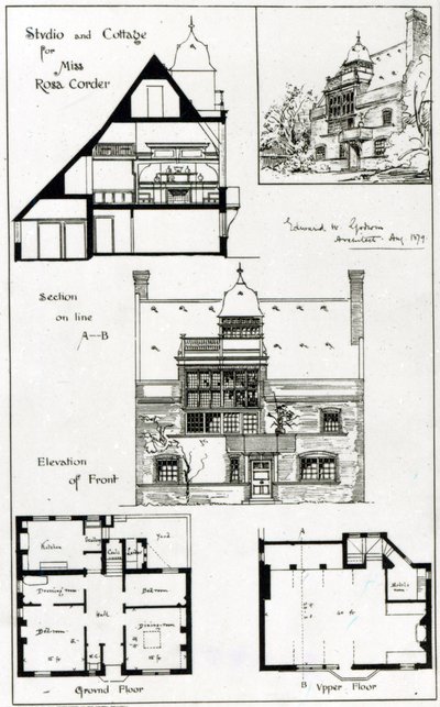 Studio e cottage per Miss Rosa Corder, da The British Architect, 3 ottobre 1879 da English School