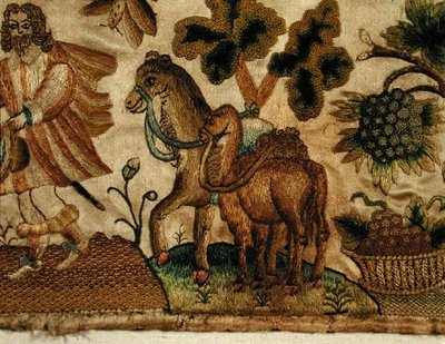 Ricamo in rilievo che raffigura una scena biblica, c.1650 (dettaglio) da English School