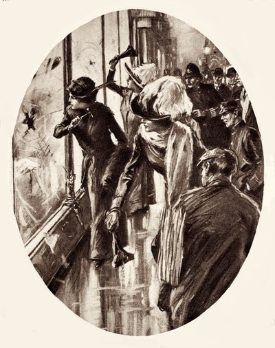 Suffragette-disegno di donne che rompono vetrine a Londra, marzo 1912 (incisione) da English School