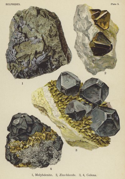 Solfuri, molibdenite, blenda di zinco, galena (litografia a colori) da English School