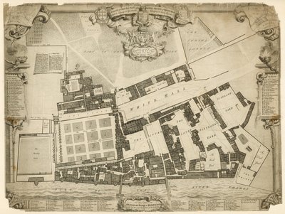 Rilievo e pianta del Palazzo Reale di Whitehall, 1680, con gli alloggi e gli appartamenti appartenenti alle loro Maestà da English School
