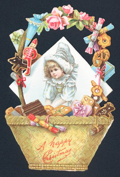 Cestino dolce e immagine di ragazza, cartolina di Natale da English School