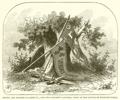Spada e pugnale di Giacomo IV e due stendardi di cavalieri, usati nella battaglia di Flodden Field da English School