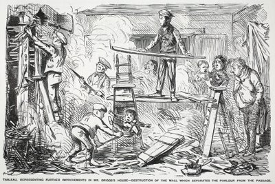 Tableau, rappresentante ulteriori miglioramenti alla casa di Mr. Briggs - distruzione del muro che separa il salotto dal corridoio, illustrazione da Punch da English School