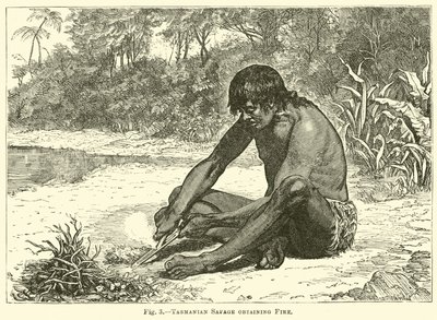 Selvaggio tasmaniano che ottiene il fuoco da English School