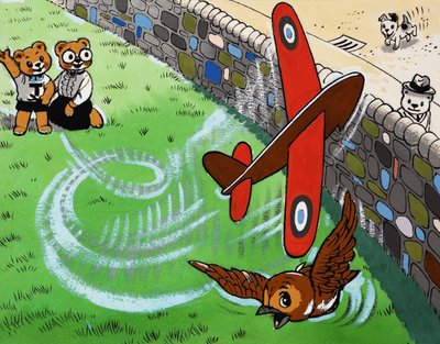 Orsetto che vola con un aeroplano giocattolo da English School