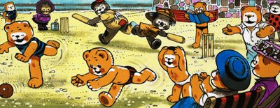 Orsetti che giocano a cricket sulla spiaggia da English School