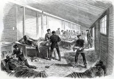 Ospedale da campo temporaneo dietro la Seconda Parallela Prussiana a Dueppel, 1864 da English School