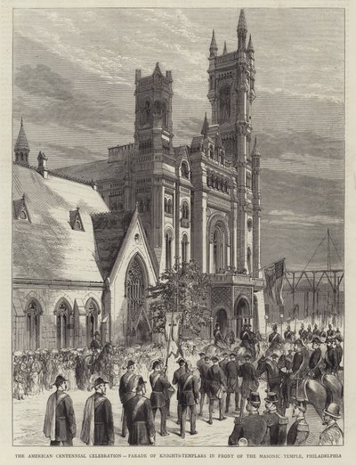 La celebrazione del centenario americano, parata dei Cavalieri Templari davanti al Tempio Massonico, Filadelfia da English School