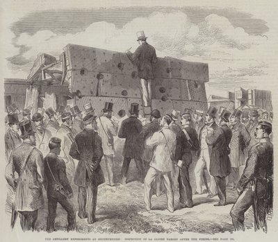 Gli esperimenti di artiglieria a Shoeburyness, ispezione del bersaglio La Gloire dopo il tiro (incisione) da English School