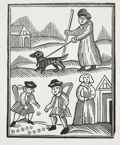 Il mendicante che viaggia con il suo cane porta a casa una buona quantità di ricchezza, con la quale supera il cavaliere e sposa sua figlia a suo piacimento, illustrazione da Chap-books del XVIII secolo da English School