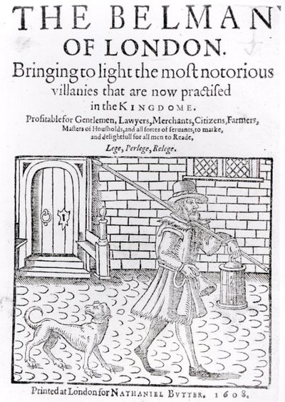 Il banditore di Londra, di Thomas Dekker (c.1570-c.1641) frontespizio, stampato da Nathaniel Butter, 1608 da English School